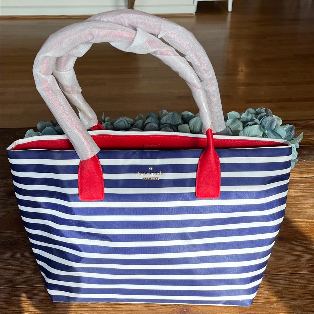 NWT Kate Spade Catie Handbag. Navy and White Striped Tote with Red Accents.